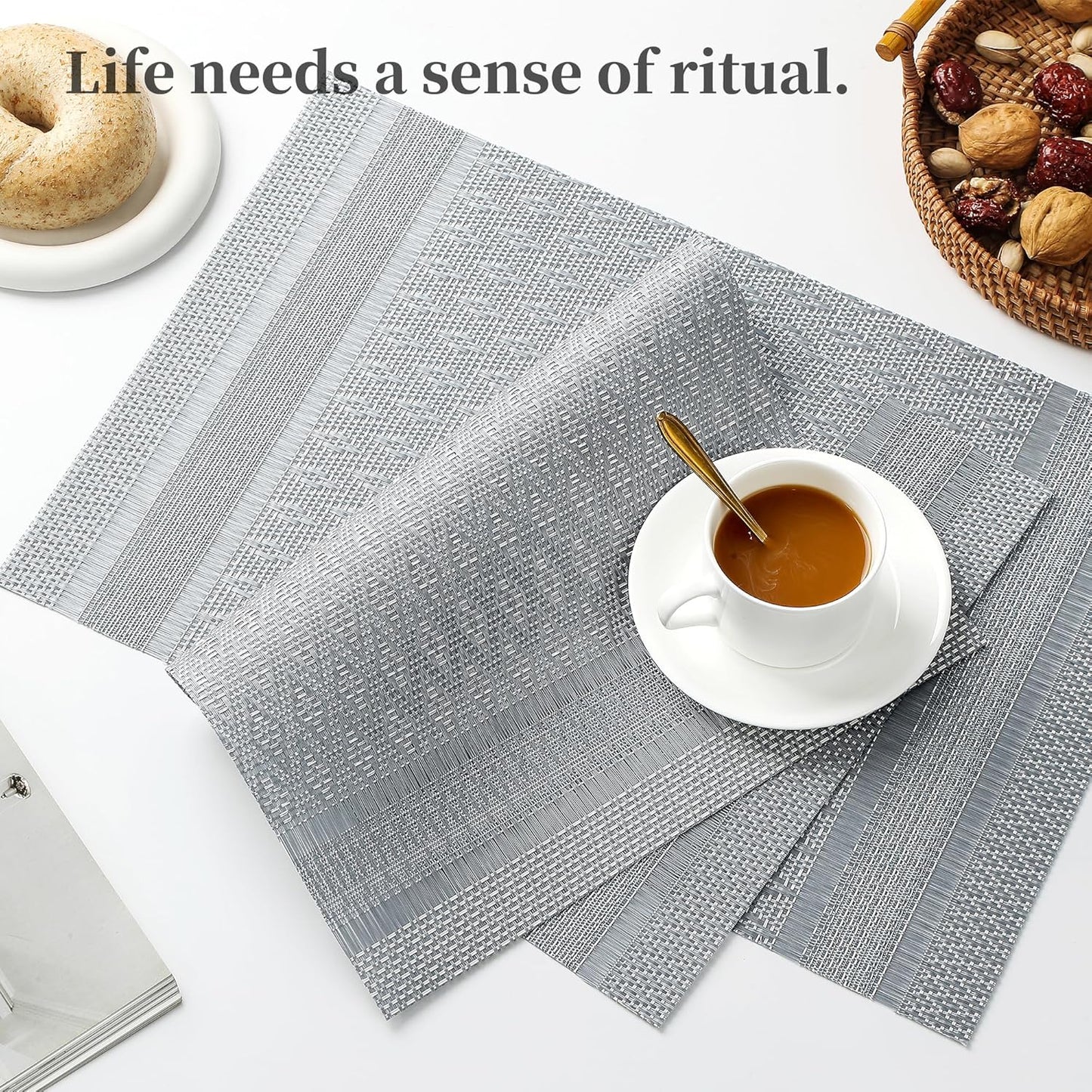 Leetaltree Lunar Grey Placemats Set of 8 - Heat Resistant Non-Slip Place mats for Dining Table, Washable Durable PVC Vinyl Woven Table Mats(Lunar Grey, 8)