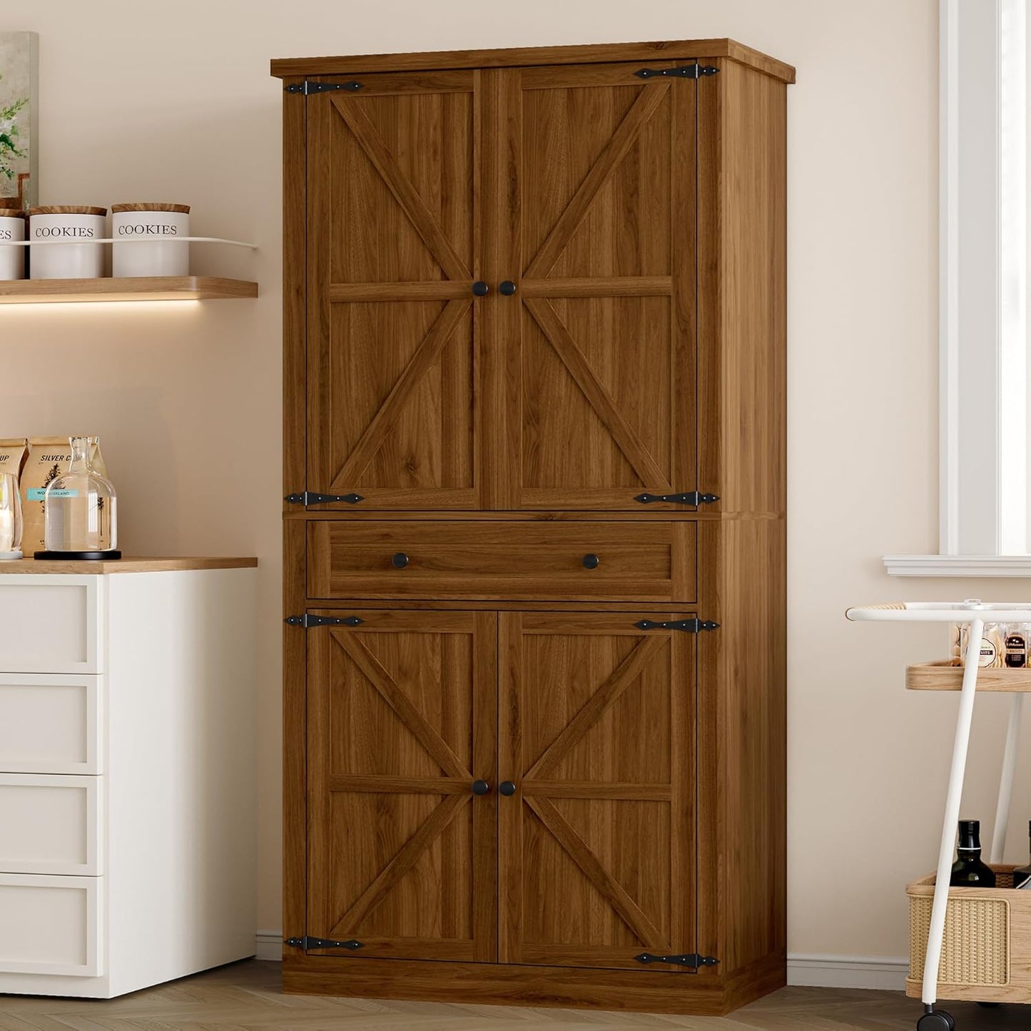 Pantry Organizers and Storage Cabinet, 70” Barn Door White Kitchen Cabinet with Drawers and Adjustable Shelf, Tall Pantry for Kitchen, Dining Room, Living Room