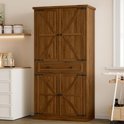 Pantry Organizers and Storage Cabinet, 70” Barn Door White Kitchen Cabinet with Drawers and Adjustable Shelf, Tall Pantry for Kitchen, Dining Room, Living Room