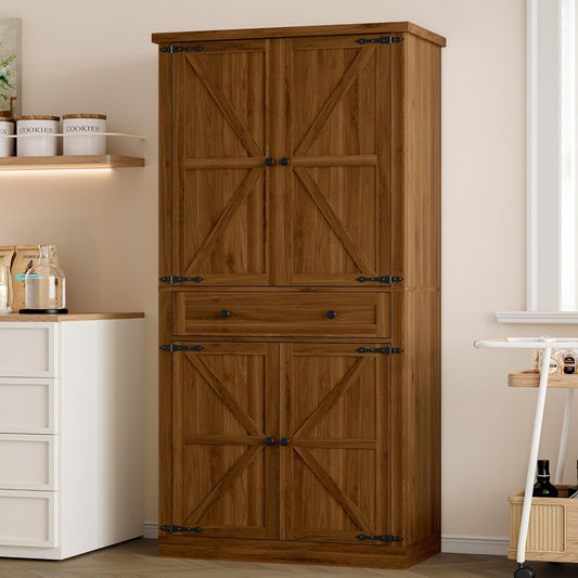 Pantry Organizers and Storage Cabinet, 70” Barn Door White Kitchen Cabinet with Drawers and Adjustable Shelf, Tall Pantry for Kitchen, Dining Room, Living Room