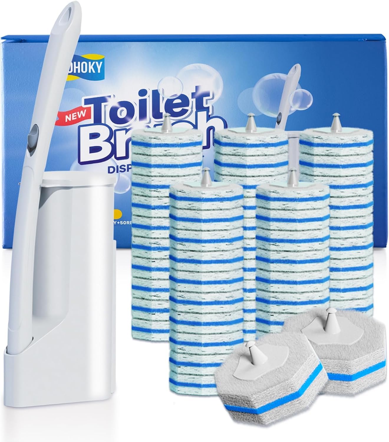 Disposable Toilet Cleaning Wand Set with 50 Refill Pads, Wall-Mounted Holder, Long Handle Toilet Brush System for Deep Bathroom Cleaning