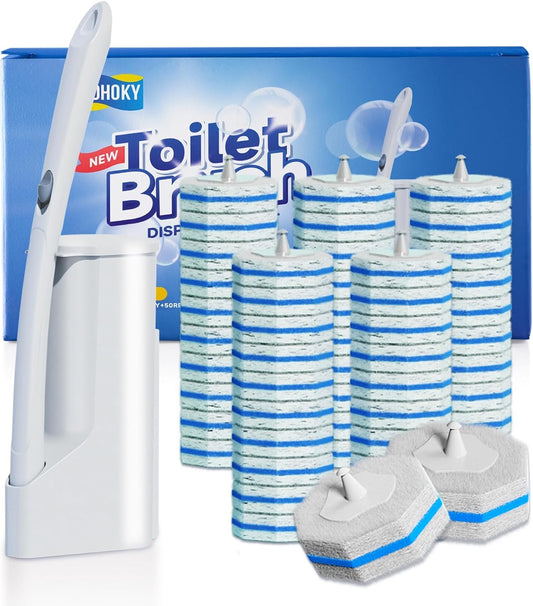 Disposable Toilet Cleaning Wand Set with 50 Refill Pads, Wall-Mounted Holder, Long Handle Toilet Brush System for Deep Bathroom Cleaning