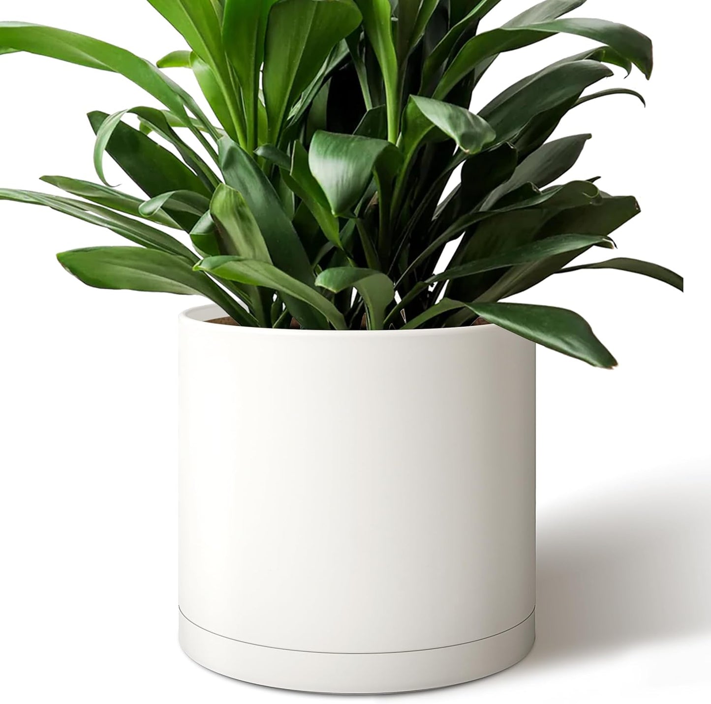 Modern 12 Inch Plant Pot with Drainage Hole & Saucer – Indoor Outdoor White Planter, Lightweight Durable Plastic