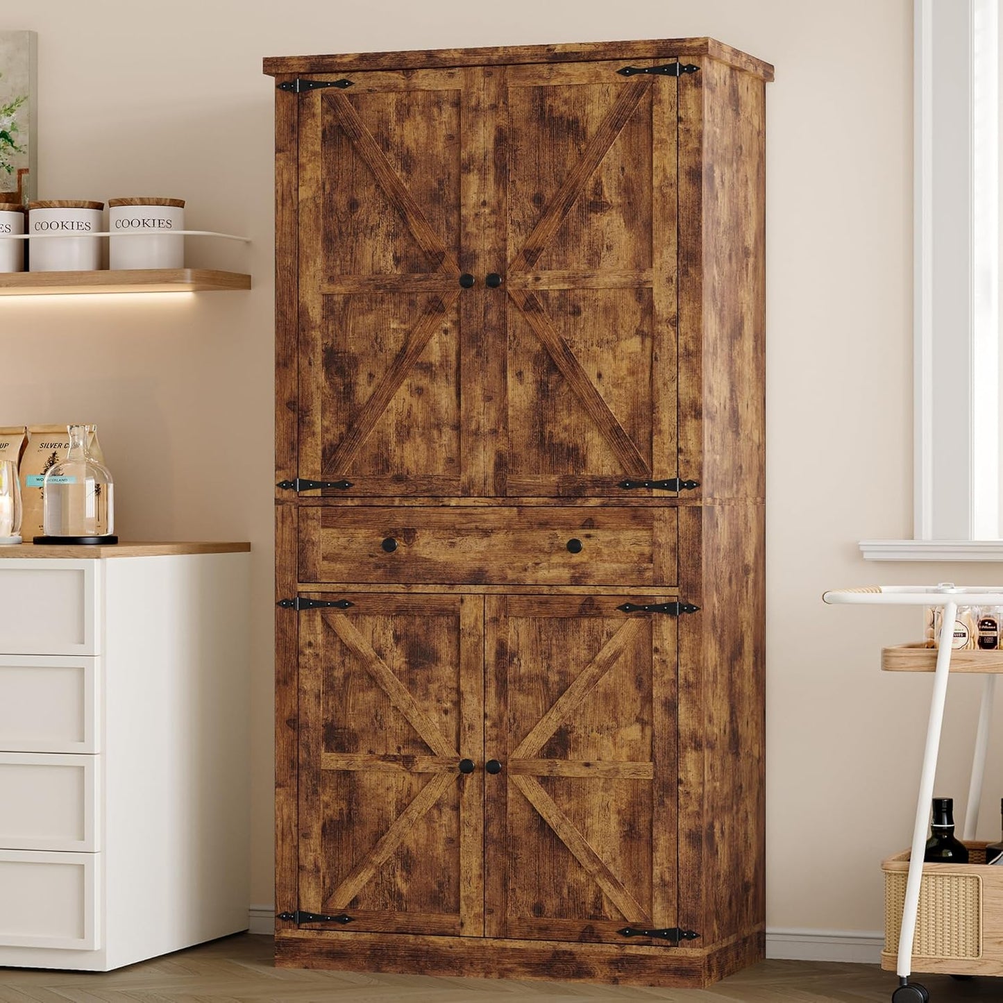 Pantry Organizers and Storage Cabinet, 70” Barn Door White Kitchen Cabinet with Drawers and Adjustable Shelf, Tall Pantry for Kitchen, Dining Room, Living Room