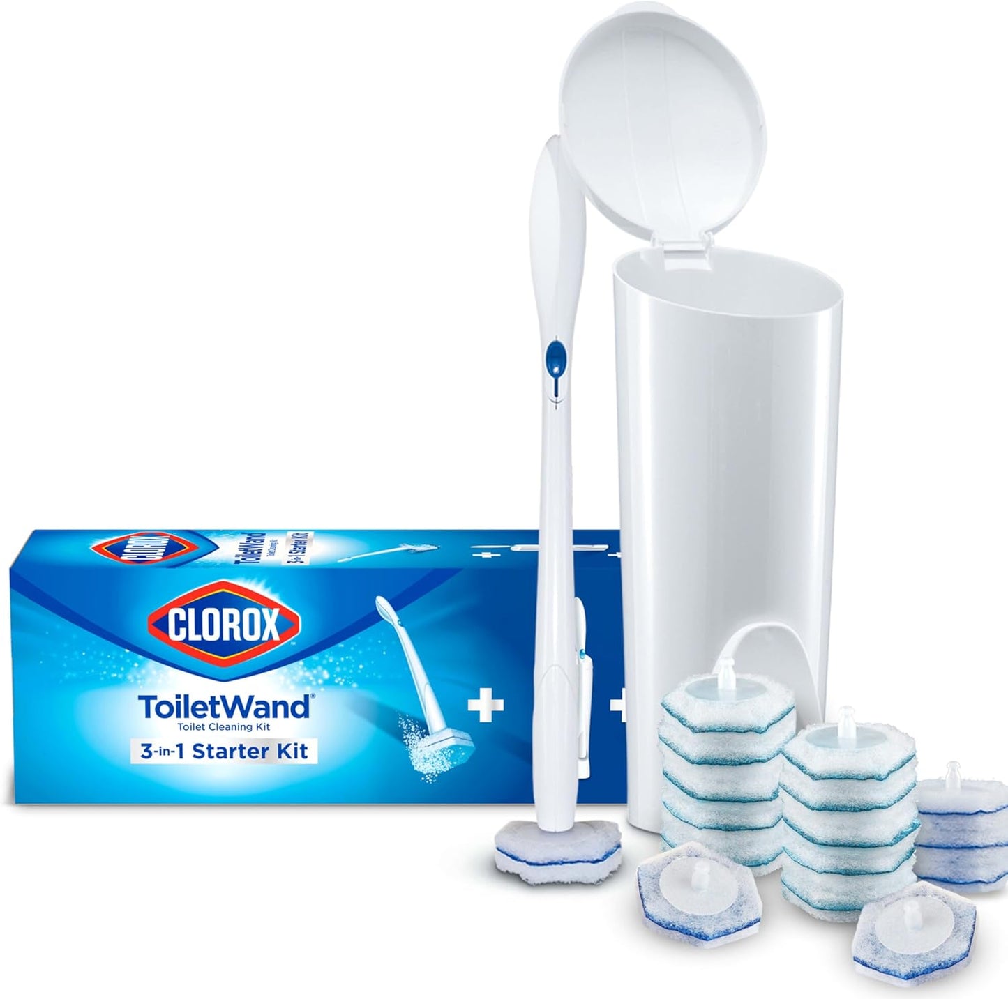 All-in-One Disposable Toilet Wand Cleaning System with Refill Pads, No-Touch Toilet Brush Kit with Storage Caddy, Deep Cleaning Bathroom Solution