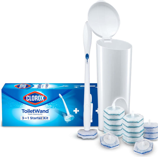 All-in-One Disposable Toilet Wand Cleaning System with Refill Pads, No-Touch Toilet Brush Kit with Storage Caddy, Deep Cleaning Bathroom Solution