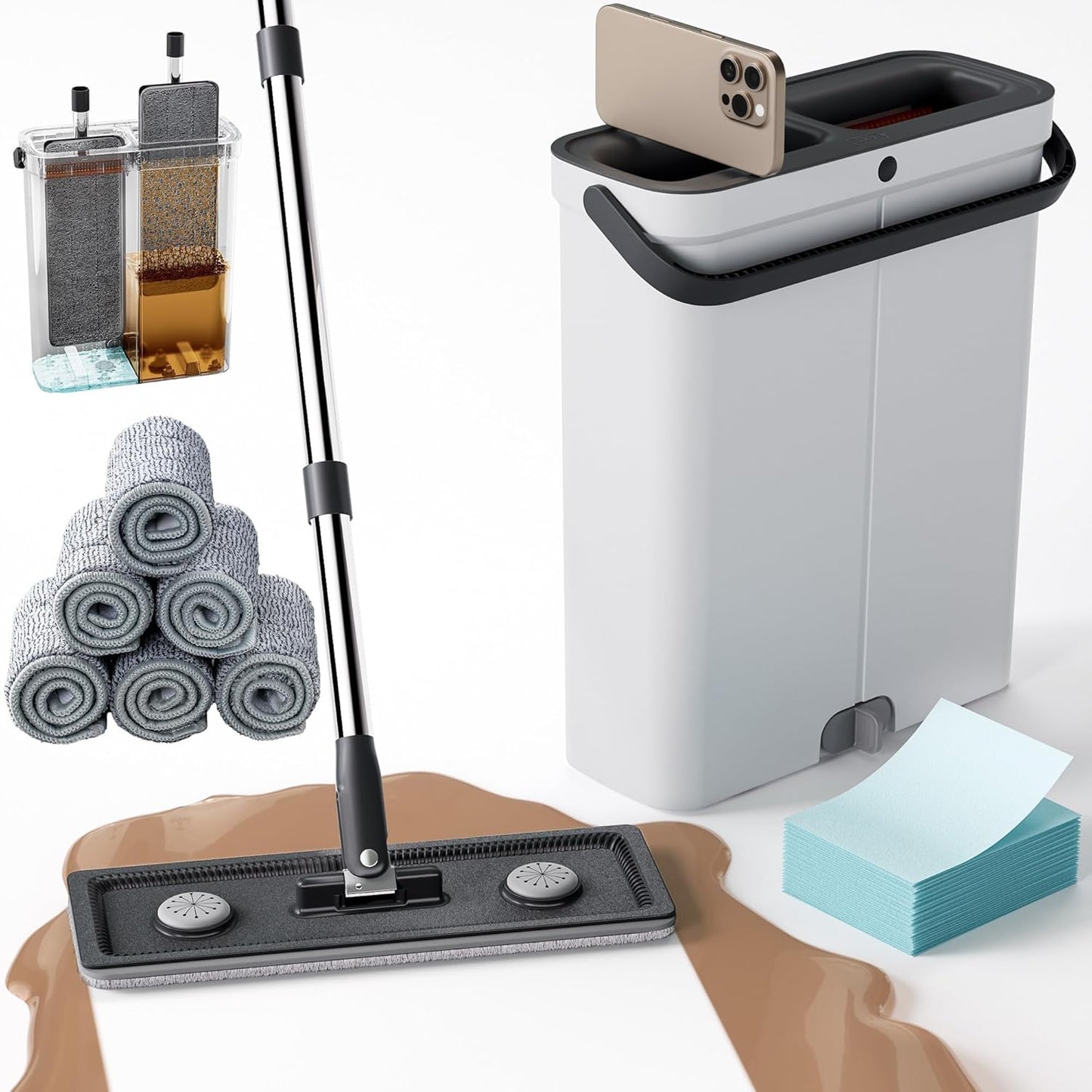 Compact Flat Mop and Bucket Set with Wringer, 360° Rotating Mop Head, 6 Reusable Microfiber Pads, Hands-Free Self-Cleaning System for Hardwood, Tile, Laminate, Vinyl, Walls & Windows