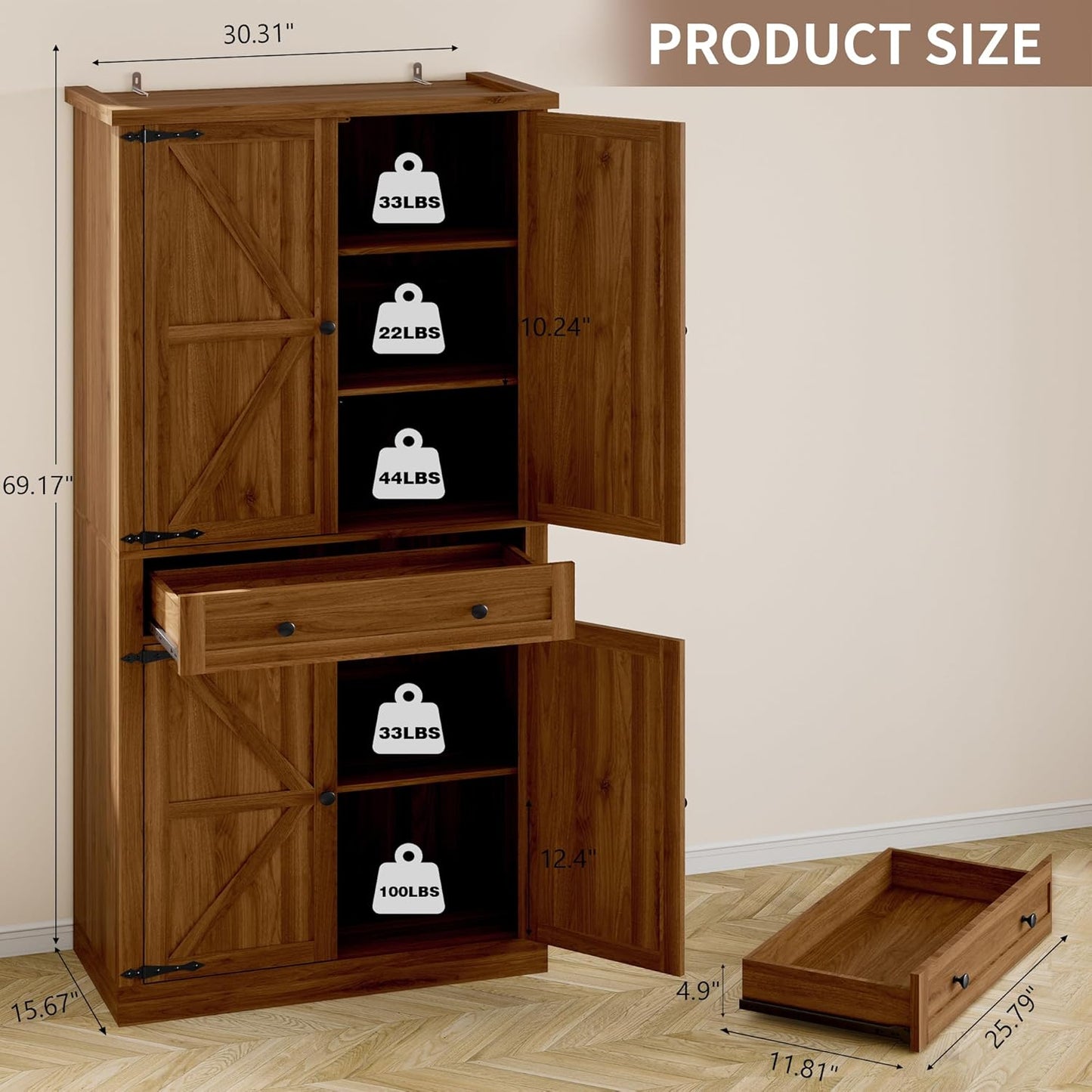 Pantry Organizers and Storage Cabinet, 70” Barn Door White Kitchen Cabinet with Drawers and Adjustable Shelf, Tall Pantry for Kitchen, Dining Room, Living Room