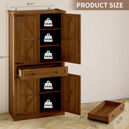 Pantry Organizers and Storage Cabinet, 70” Barn Door White Kitchen Cabinet with Drawers and Adjustable Shelf, Tall Pantry for Kitchen, Dining Room, Living Room