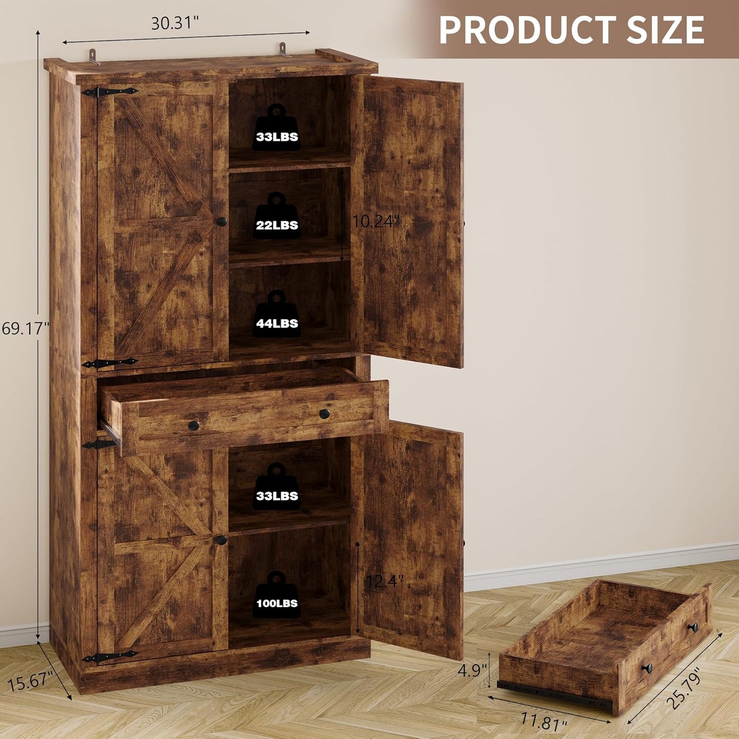 Pantry Organizers and Storage Cabinet, 70” Barn Door White Kitchen Cabinet with Drawers and Adjustable Shelf, Tall Pantry for Kitchen, Dining Room, Living Room