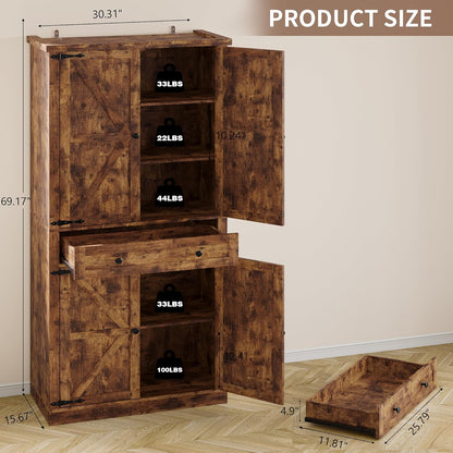 Pantry Organizers and Storage Cabinet, 70” Barn Door White Kitchen Cabinet with Drawers and Adjustable Shelf, Tall Pantry for Kitchen, Dining Room, Living Room