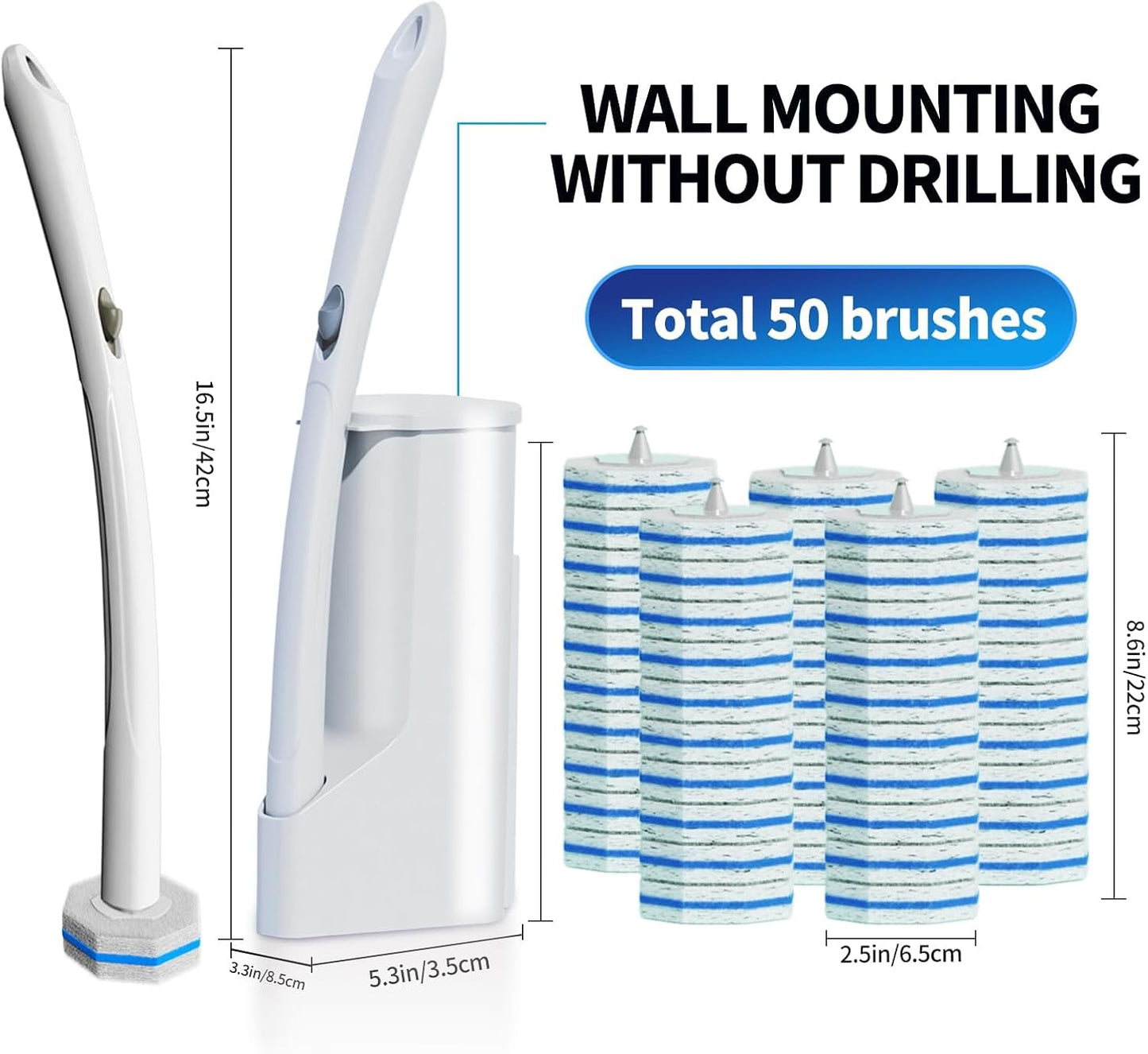 Disposable Toilet Cleaning Wand Set with 50 Refill Pads, Wall-Mounted Holder, Long Handle Toilet Brush System for Deep Bathroom Cleaning