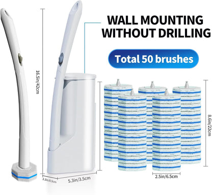 Disposable Toilet Cleaning Wand Set with 50 Refill Pads, Wall-Mounted Holder, Long Handle Toilet Brush System for Deep Bathroom Cleaning