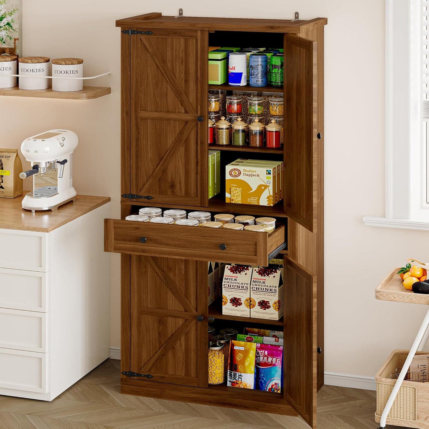 Pantry Organizers and Storage Cabinet, 70” Barn Door White Kitchen Cabinet with Drawers and Adjustable Shelf, Tall Pantry for Kitchen, Dining Room, Living Room