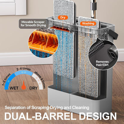 Compact Flat Mop and Bucket Set with Wringer, 360° Rotating Mop Head, 6 Reusable Microfiber Pads, Hands-Free Self-Cleaning System for Hardwood, Tile, Laminate, Vinyl, Walls & Windows