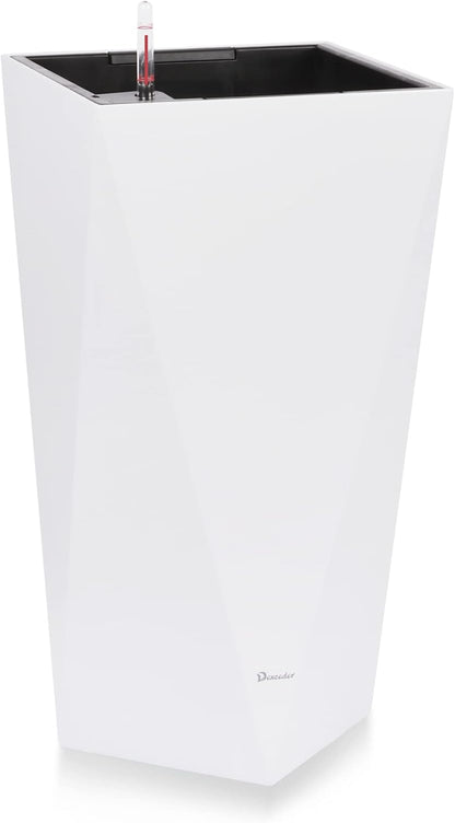 Dexceder 24 Inches Tall Self Watering Planter Diamond High Gloss Indoor Outdoor, Thickened Rhombus Large Floor Standing Flower Plant Pot with Water Level Indicator (White)