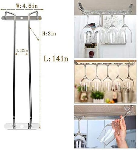 14-Inch Wine Glass Rack, Under Cabinet Wine Glass Holder Stainless Steel Chrome Finish Stemware Rack - Hanging Stemware Holder for Cabinet Kitchen Bar, Set of 2