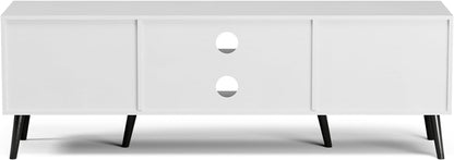 TV Stand for TVs up to 65'', Mid Century Modern Entertainment Center with Rattan Door, Shelves & 2 Cabinets, Boho Media TV Console for Living Room, Bedroom, White