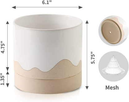 Nihow Ceramic Plant Pot: 6 Inch Planter with Drainage Hole & Saucer for Indoor & Outdoor Plants - Cylinder Round Flower Pot for Succulent/Herbs/Violets - White & Nature