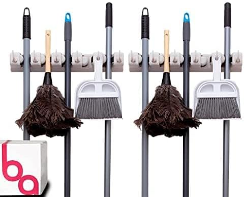 Berry Ave Broom Holder & Wall Mount Garden Tool Organizer- Kitchen, Closet, Garage & Laundry Room Storage With 5 Slots And 6 Hooks- Wall Holder For Broom, Rake & Mop Handles Up To 1.25??[Beige 2-Pack]
