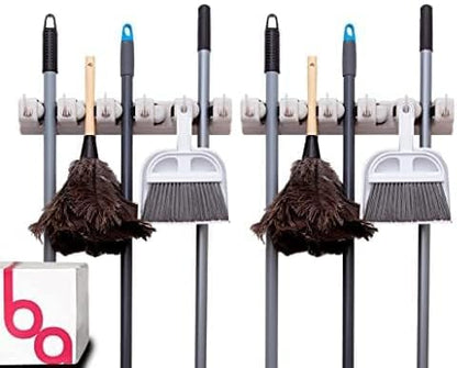 Berry Ave Broom Holder & Wall Mount Garden Tool Organizer- Kitchen, Closet, Garage & Laundry Room Storage With 5 Slots And 6 Hooks- Wall Holder For Broom, Rake & Mop Handles Up To 1.25??[Beige 2-Pack]