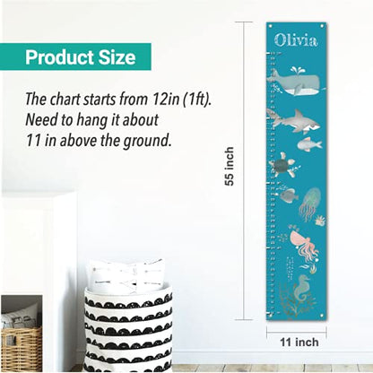 Personalized Canvas Growth Chart for Kids, Height Chart for Kids, Growth Chart Banner with Name (Sea Animal)