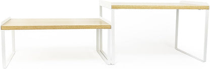 Mitus Shelf Organizer and Storage, Stackable Tiered Wood Cabinet Rack for Countertops, Desktops, Cabinets (Set of 2) 16" Wide Natural Oak and White