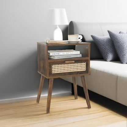 MaxSmeo Mid Century Nightstand, Rattan Side Table with Drawer, Wood Modern Bedside Table for Bedroom, Living Room and Small Spaces (Rustic Brown)