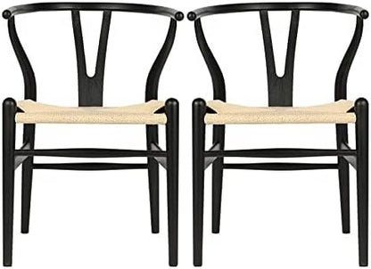 Wishbone Chair Natural Solid Wood Dining Chair/Hans Wegner Y Chair Rattan and Wood Accent Armrest Chairs Set of 2 (Ash Wood - Black + Natural Cord)