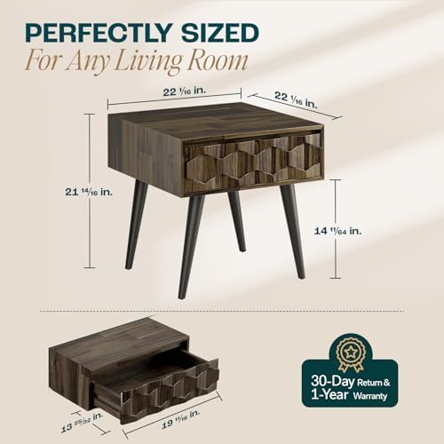 Bme Georgina Solid Wood Nightstand with Drawers, Pre-Assembled Rustic Nighstand with Geometric Pattern, Mid Century Modern Side Table for Living Room, Bedroom - Mocha