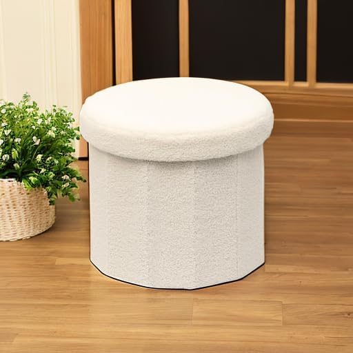 B FSOBEIIALEO Storage Ottoman Cube, Round Ottomans with Storage Foot Stool Footrest for Lving Room, Boucle Ottoman Seat for Dorm Room,Faux Teddy Fur, Cream White 15"x15"x15"