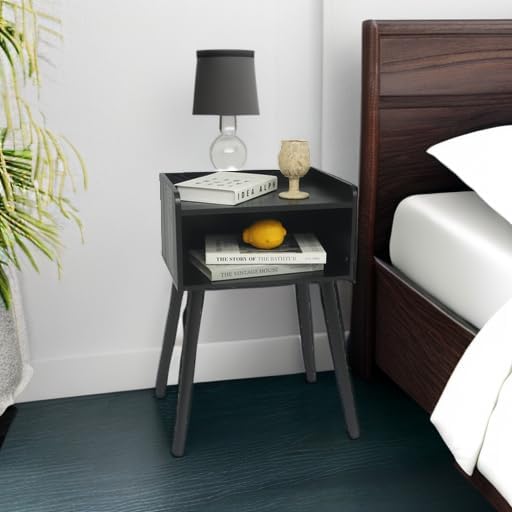 MaxSmeo Nightstand, Mid Century Modern Side Table Bedroom with Storage, Small End Bedside Table with Solid Wood Legs for Living Room, Office Small Spaces (Black)