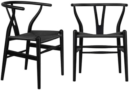 Wishbone Chair Natural Solid Wood Dining Chair/Hans Vegner Y Chair Rattan and Wood Accent Armrest Chairs Set of 2 (Ash Wood - Black)
