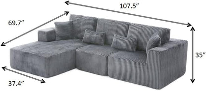 HYJT-H&K Modular Sectional Sofa Cloud Sectional Couch, 107" Comfy Fluffy L Shaped Dark Grey Couches for Living Room, Deep Seat Memory Foam Plush Corduroy Boneless Couch Sectionals Left Facing Chaise