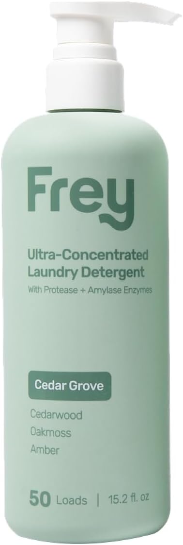 FREY Concentrated Liquid Laundry Detergent | Formulated for Sensitive Skin & HE Washers | Removes Stains Effectively | 50 Loads per Bottle (1-pack Cedar Grove)