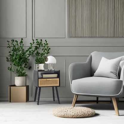 MaxSmeo End Table with Storage Mid Century Nightstand with Rattan Drawer and Shelf, Wood Small Side Coffee Table for Small Space, Living Room and Bedroom, Easy Assembly (Black)