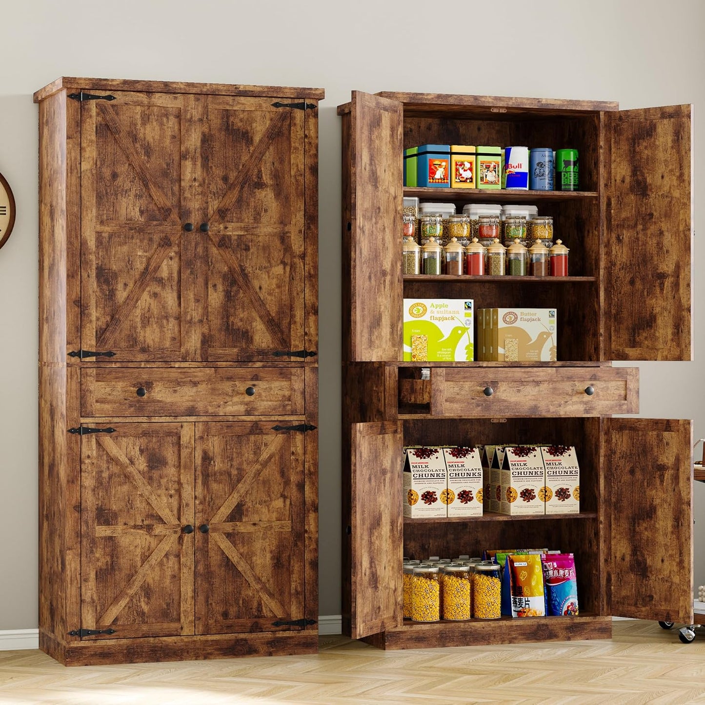Pantry Organizers and Storage Cabinet, 70” Barn Door White Kitchen Cabinet with Drawers and Adjustable Shelf, Tall Pantry for Kitchen, Dining Room, Living Room