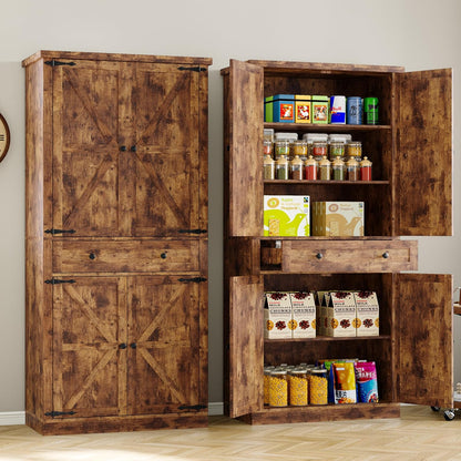 Pantry Organizers and Storage Cabinet, 70” Barn Door White Kitchen Cabinet with Drawers and Adjustable Shelf, Tall Pantry for Kitchen, Dining Room, Living Room