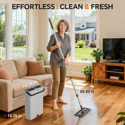 Compact Flat Mop and Bucket Set with Wringer, 360° Rotating Mop Head, 6 Reusable Microfiber Pads, Hands-Free Self-Cleaning System for Hardwood, Tile, Laminate, Vinyl, Walls & Windows