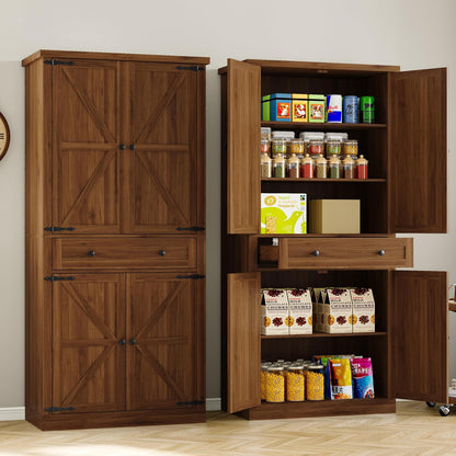 Pantry Organizers and Storage Cabinet, 70” Barn Door White Kitchen Cabinet with Drawers and Adjustable Shelf, Tall Pantry for Kitchen, Dining Room, Living Room