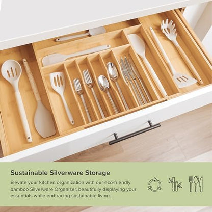 Premium Silverware, Flatware and Utensil Organizer for Kitchen Drawers, Food-Safe Contract Grade, Expandable from 18 to 33 In, Natural Bamboo