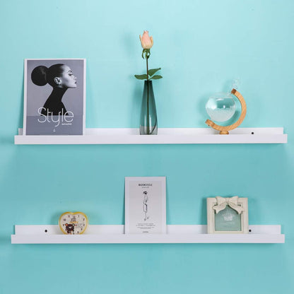 AZSKY 48 Inch White Picture Ledge Shelf Long Floating Shelves Set of 2 Wall Picture Shelf Pine Photo Frames Narrow Picture Ledge Mounting Hardware Included