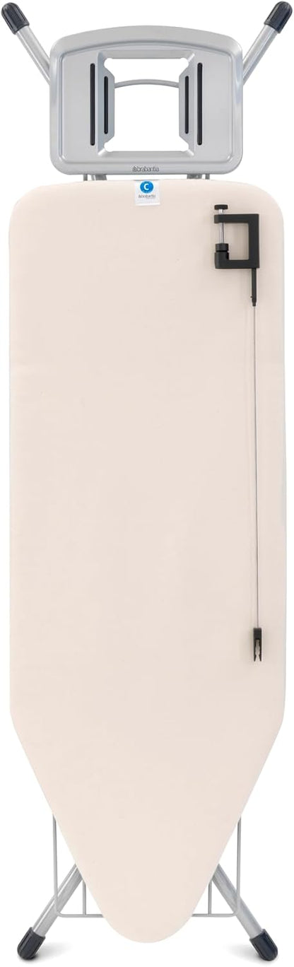 Brabantia Size C Ironing Board (49 x 18in) 7 Height Options, Solid Steam Iron Rest Holder & Linen Rack & Cord Holder (Ecru) Non-Slip Feet, Anti-Collapse Child Locks