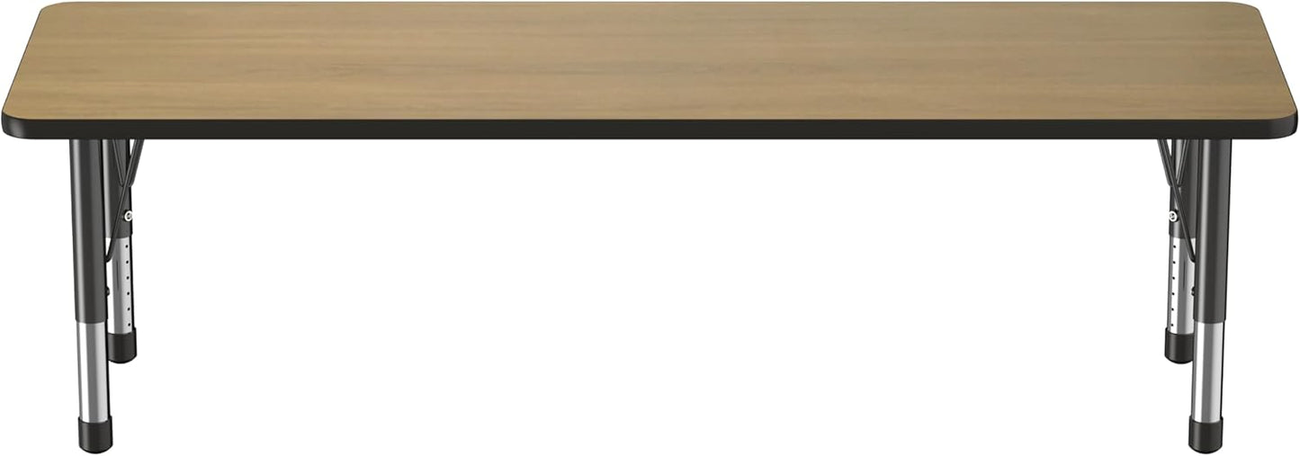 Factory Direct Partners FDP Rectangle (24 x 60 inch) Classroom Table with Adjustable Chunky Toddler Legs (15-24 in); Preschool, Kinder and Daycare Furniture - Pasadena Oak Top/Black Edge and Legs
