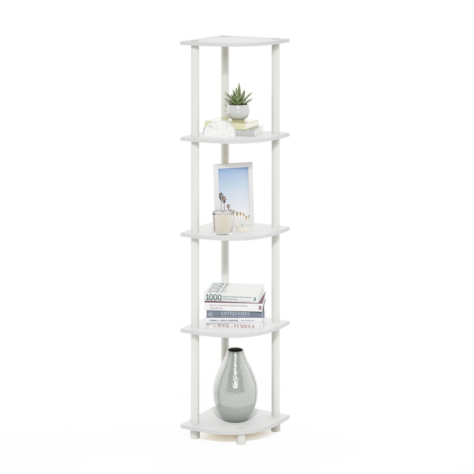 Furinno Turn-N-Tube Corner Shelf, 5-Tier Corner Bookshelf, Open Storage Shelves, for Organization