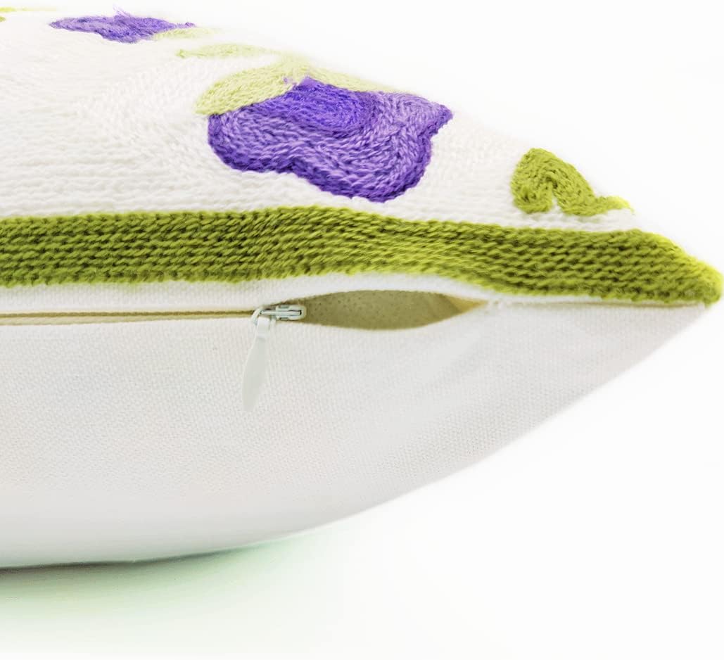 Alysheer Floral Embroidered Spring Decorative Throw Pillow Cover 18"x 18", Farmhouse Cottage Purple Flowers Green Leaves Knit Pattern Cotton Canvas Cushion Case for Sofa Couch Bed Living Room Decor