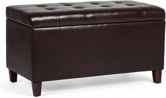 Asense Storage Ottoman Bench, Faux Leather Upholstered End of Bed Bench with Safety Hinge Wooden Legs, for Entryway Bedroom (Chocolate Brown, 33.3")