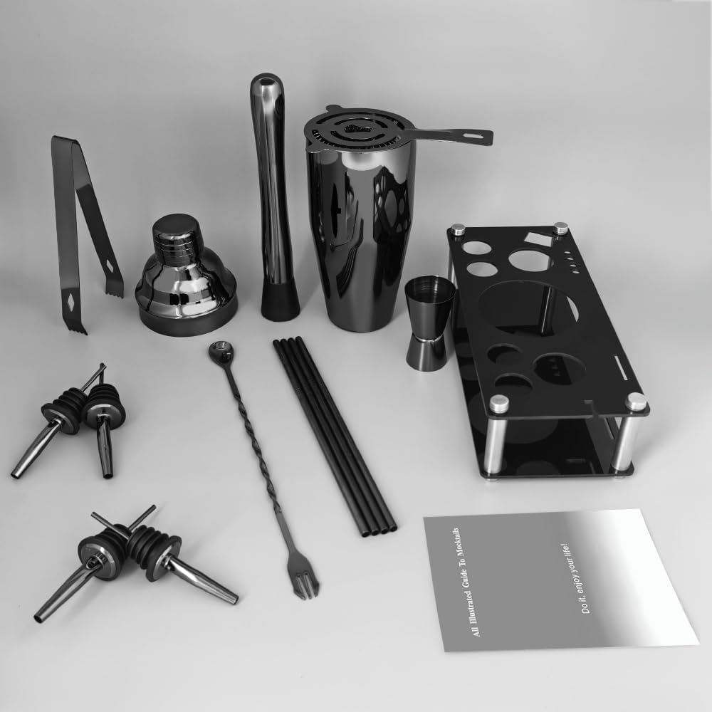 14-Piece Cocktail Shaker Set Bartender Kit with Black Stand, Bar Tool Set for Drink Mixing Bartending Kit Bar Sets Accessories: 750ml(25oz) Shaker, Jigger, Muddler, Cocktail Recipes (Black)