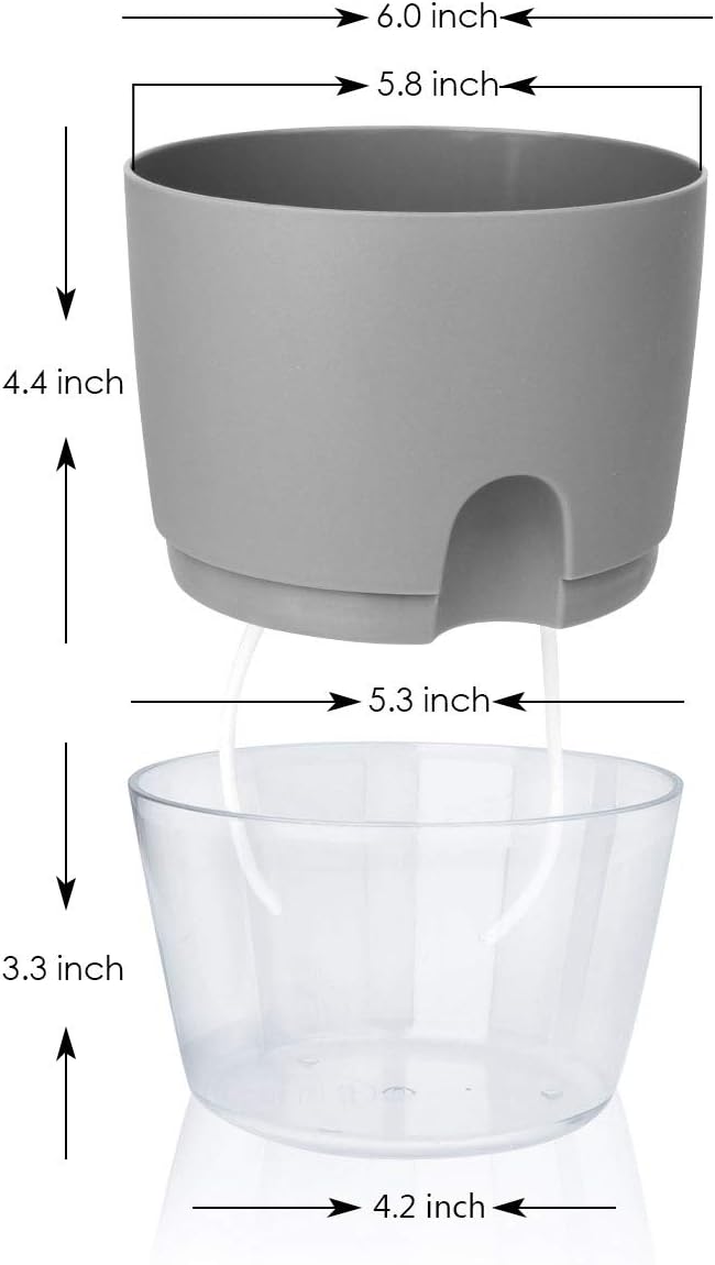 Vanavazon 6 Inch Self Watering Planter Pots for Indoor Plants, 3 Pack African Violet Pots with Wick Rope-Grey