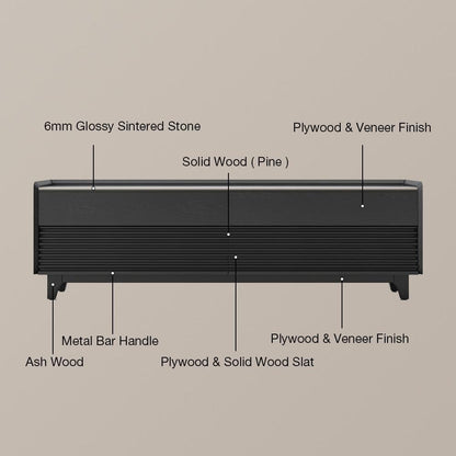 POVISON Fully-Assembled Mid Century Glossy Sintered Stone Tabletop TV Stand with Legs, Wood Media Console with Adjustable LED Light for 75-inch TVs, Entertainment Center with Storage for Living Room